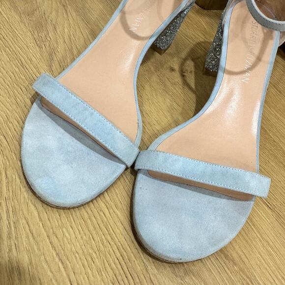 STUART WEITZMAN Nudist Block Sandals Size 9 Light Blue Suede Glitter Heels - Picture 3 of 9